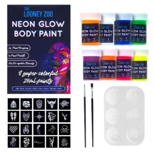 Neon Glow in the Dark UV Paint Kit - 8 Colors, Brushes, Paint Pallet, and Stencils - Self Luminous Acrylic Paints for Party Decor, Festivals, Body & Face Art - Blacklight Activated