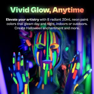 Neon Glow in the Dark UV Paint Kit - 8 Colors, Brushes, Paint Pallet, and Stencils - Self Luminous Acrylic Paints for Party Decor, Festivals, Body & Face Art - Blacklight Activated