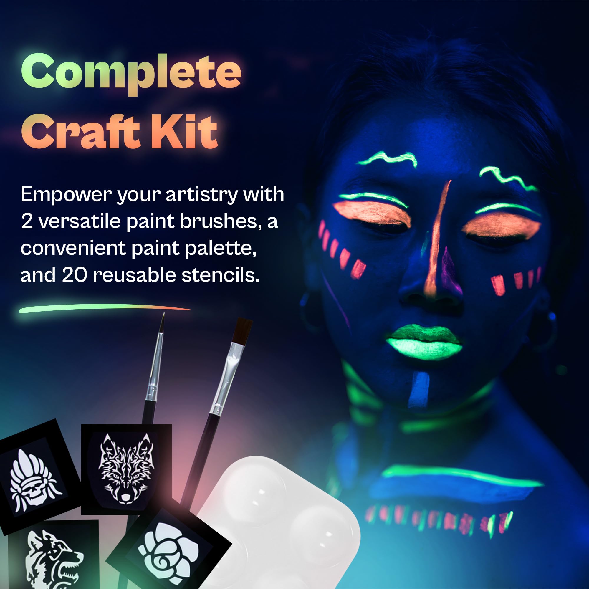 Neon Glow in the Dark UV Paint Kit - 8 Colors, Brushes, Paint Pallet, and Stencils - Self Luminous Acrylic Paints for Party Decor, Festivals, Body & Face Art - Blacklight Activated
