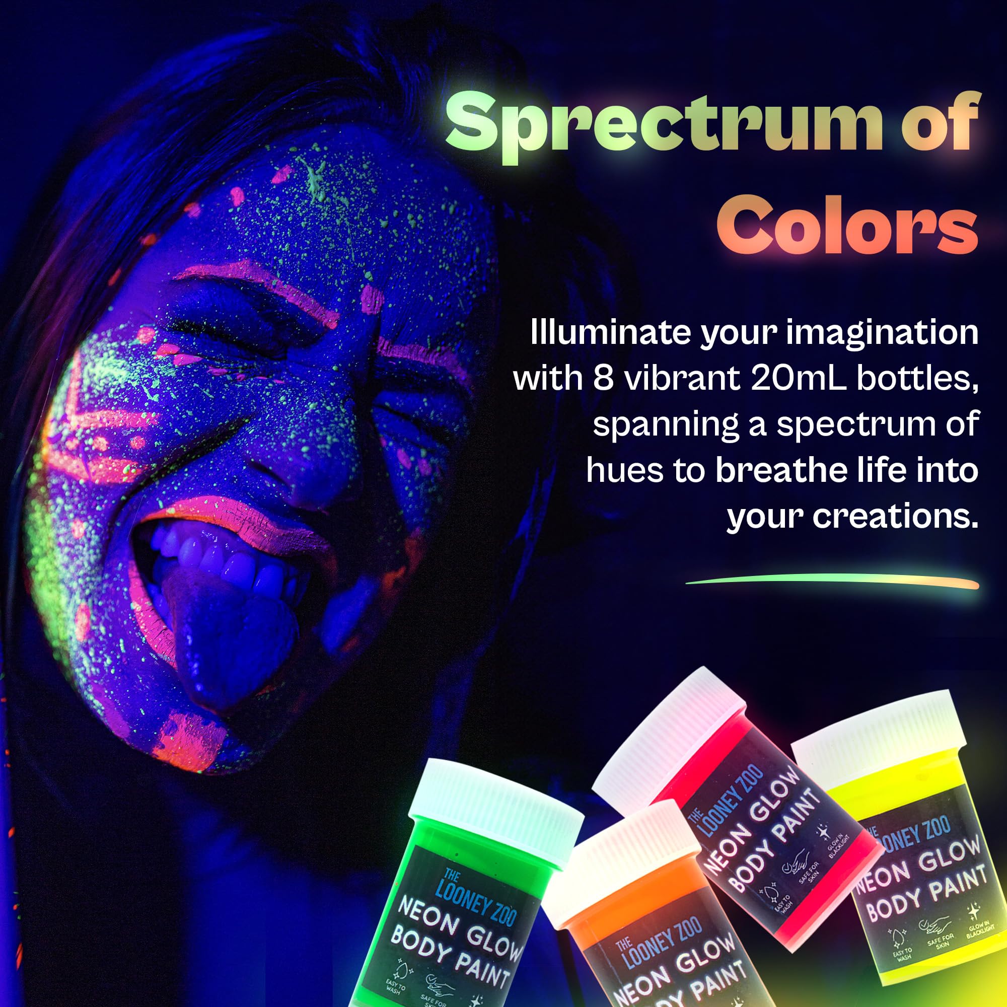 Neon Glow in the Dark UV Paint Kit - 8 Colors, Brushes, Paint Pallet, and Stencils - Self Luminous Acrylic Paints for Party Decor, Festivals, Body & Face Art - Blacklight Activated