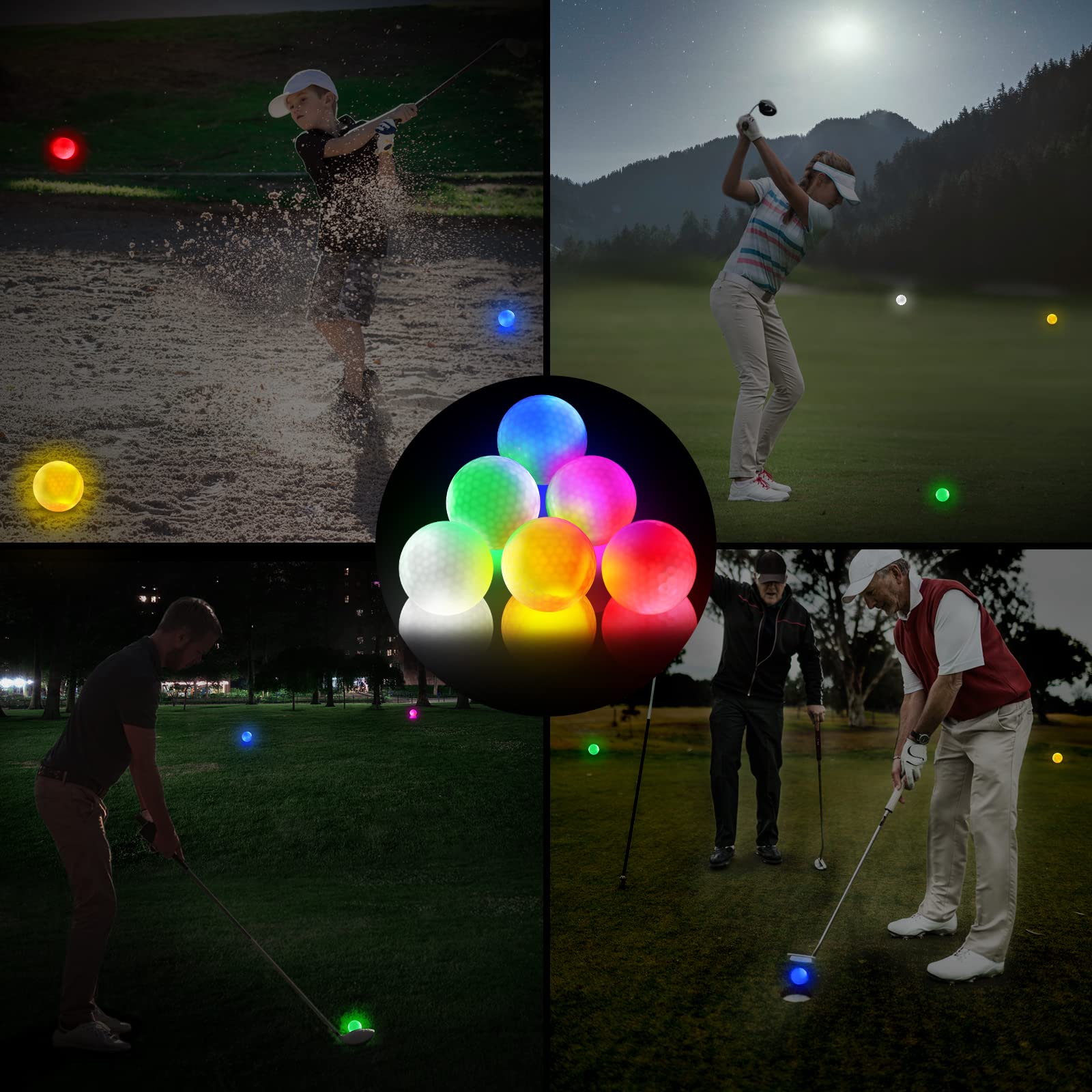 Glow in The Dark Golf Balls, Night Glowing Long Distance LED Golf Ball Colored, Golf Sports Games for Men Women and Children (6 Colors)