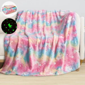 glow in the dark throw blanket, luminous unicorns blanket for boys girls, super soft fuzzy plush flannel furry fleece blanket, perfect for bed or sofa, personalized kids gifts (rainbow, 50" x 60")