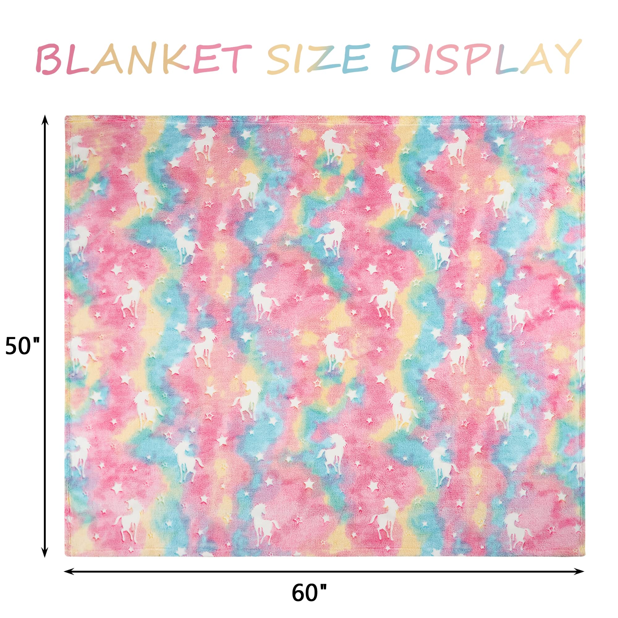 Glow in The Dark Throw Blanket, Luminous Unicorns Blanket for Boys Girls, Super Soft Fuzzy Plush Flannel Furry Fleece Blanket, Perfect for Bed or Sofa, Personalized Kids Gifts (Rainbow, 50" x 60")