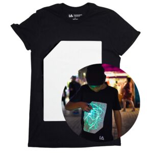 illuminated apparel interactive glow in the dark t-shirt - fun for birthday parties & festivals (black/green glow, 7-8 years)