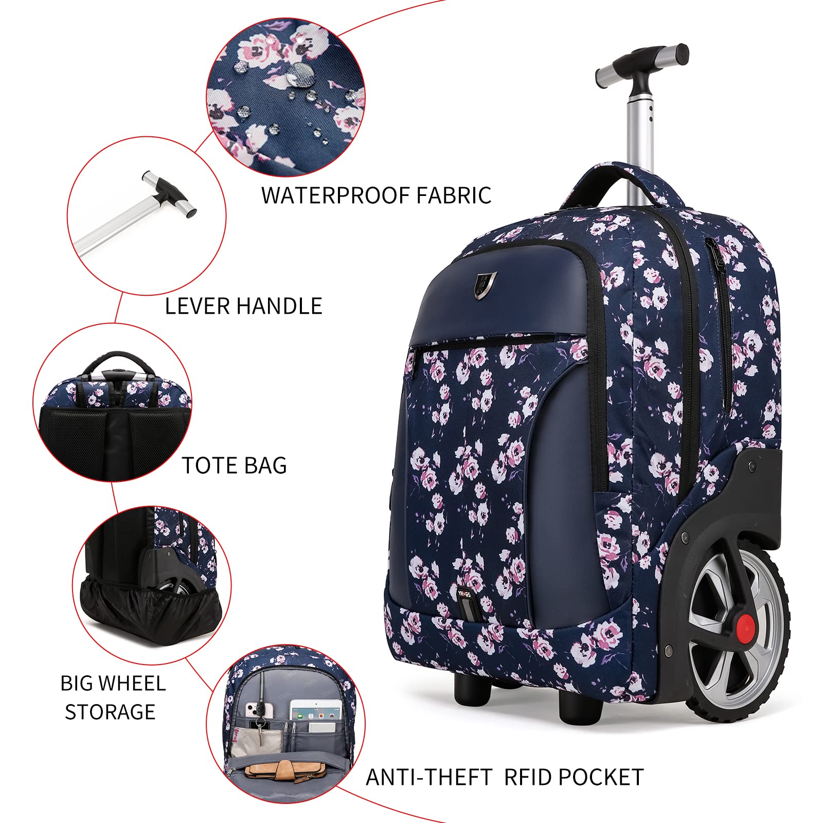 YH&GS Rolling Backpack Floral, Waterproof with Wheels for Business, College Student and Travel Commuter, Carry on Laptop Compartment, Fit 17 Inch Laptop, Wheeled Adults, 20inch