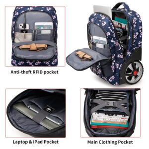 YH&GS Rolling Backpack Floral, Waterproof with Wheels for Business, College Student and Travel Commuter, Carry on Laptop Compartment, Fit 17 Inch Laptop, Wheeled Adults, 20inch