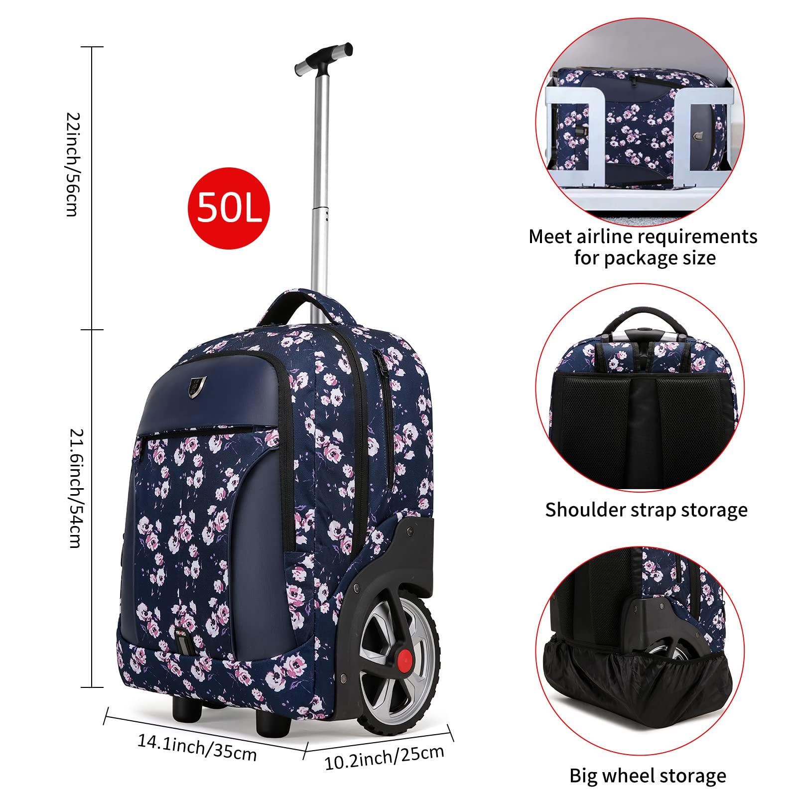 YH&GS Rolling Backpack Floral, Waterproof with Wheels for Business, College Student and Travel Commuter, Carry on Laptop Compartment, Fit 17 Inch Laptop, Wheeled Adults, 20inch