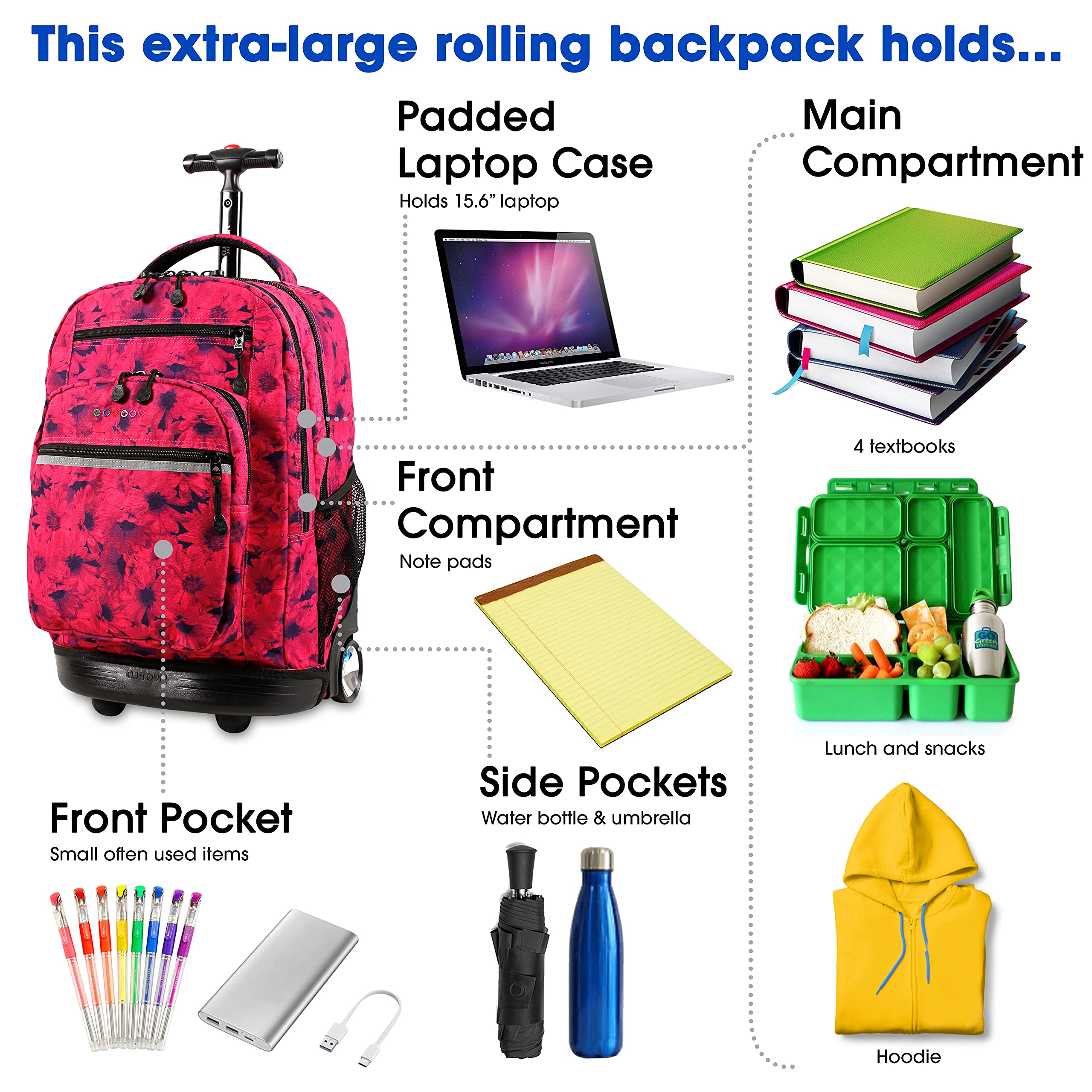 J World New York Sundance Rolling Backpack Girl Boy Roller Bookbag, Bellis, 20 Inch