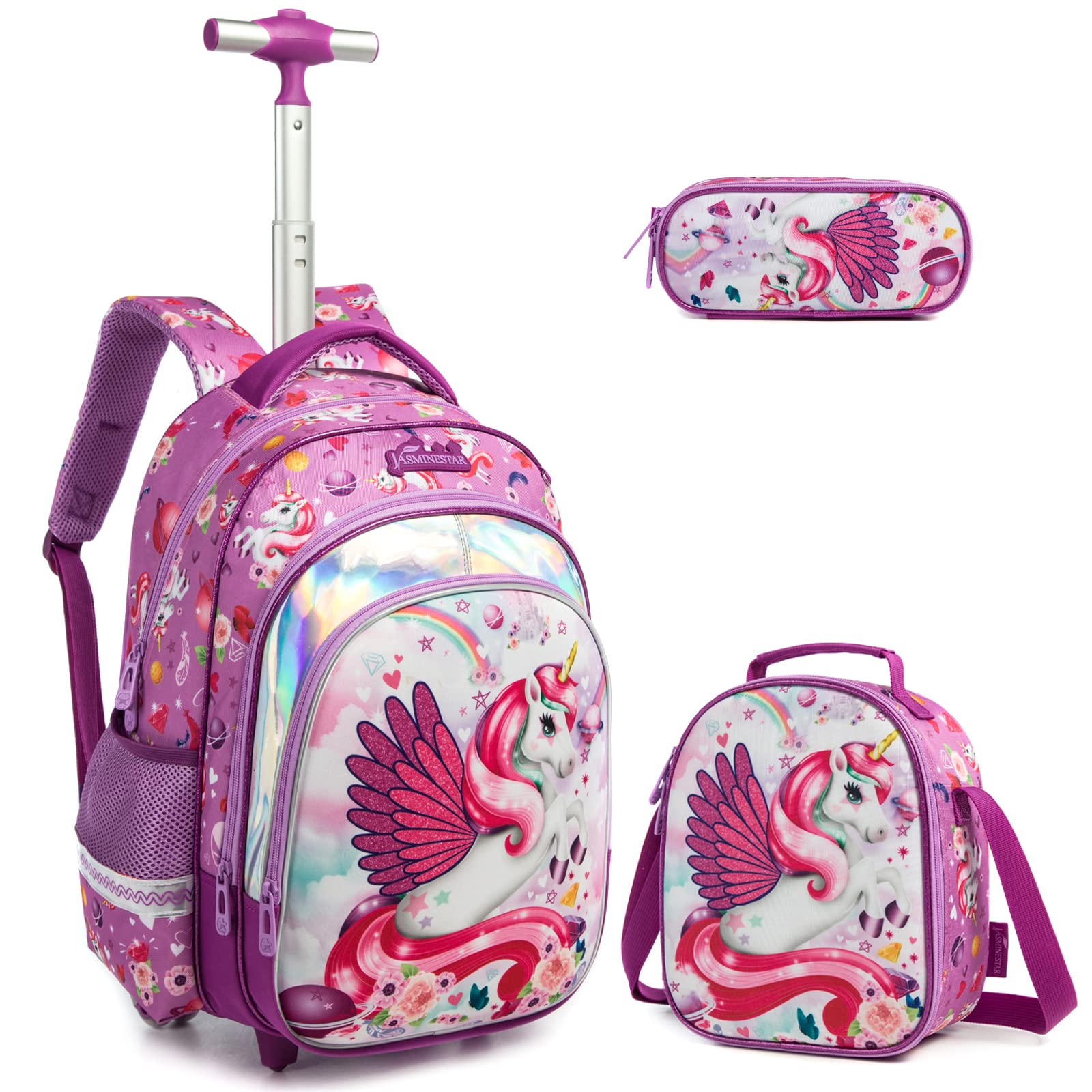 Egchescebo Kids Rolling Unicorn Backpack for Girls Kids Luggage Kids Suitcase With Wheels Trolley Wheeled Backpacks for Girls Travel Bags 17” 3PCS Backpack With Lunch Box Red School Bags Purple