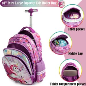 Egchescebo Kids Rolling Unicorn Backpack for Girls Kids Luggage Kids Suitcase With Wheels Trolley Wheeled Backpacks for Girls Travel Bags 17” 3PCS Backpack With Lunch Box Red School Bags Purple