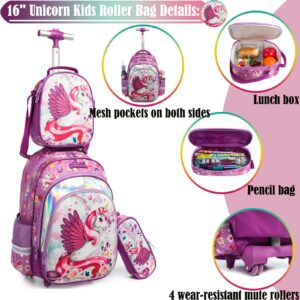 Egchescebo Kids Rolling Unicorn Backpack for Girls Kids Luggage Kids Suitcase With Wheels Trolley Wheeled Backpacks for Girls Travel Bags 17” 3PCS Backpack With Lunch Box Red School Bags Purple