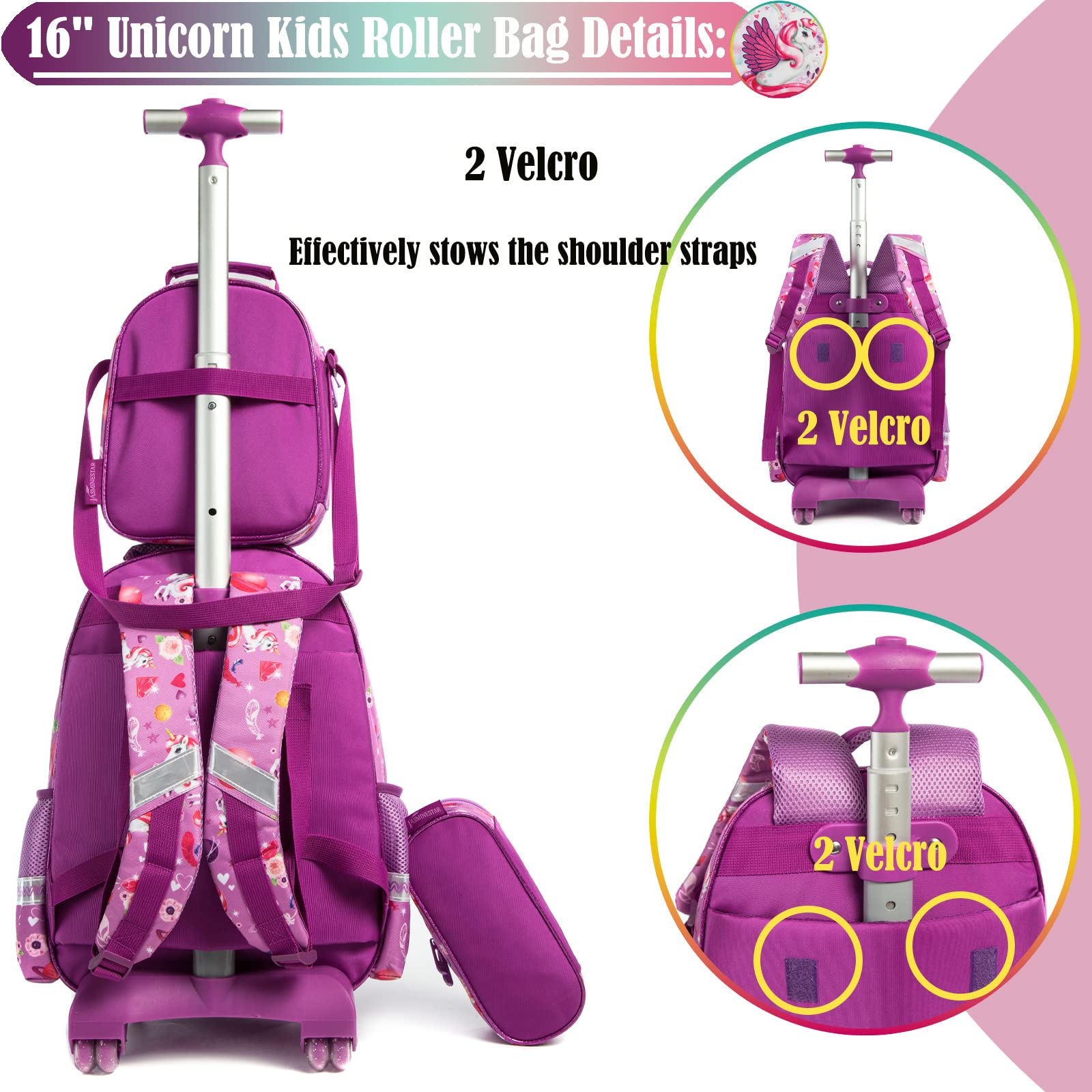 Egchescebo Kids Rolling Unicorn Backpack for Girls Kids Luggage Kids Suitcase With Wheels Trolley Wheeled Backpacks for Girls Travel Bags 17” 3PCS Backpack With Lunch Box Red School Bags Purple