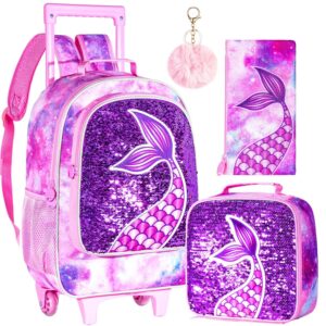 agsdon 3pcs rolling backpack for girls, kids roller wheels bookbag, wheeled school bag with lunch bag - mermaid pink