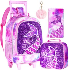 AGSDON 3PCS Rolling Backpack for Girls, Kids Roller Wheels Bookbag, Wheeled School Bag with Lunch Bag - Mermaid Pink