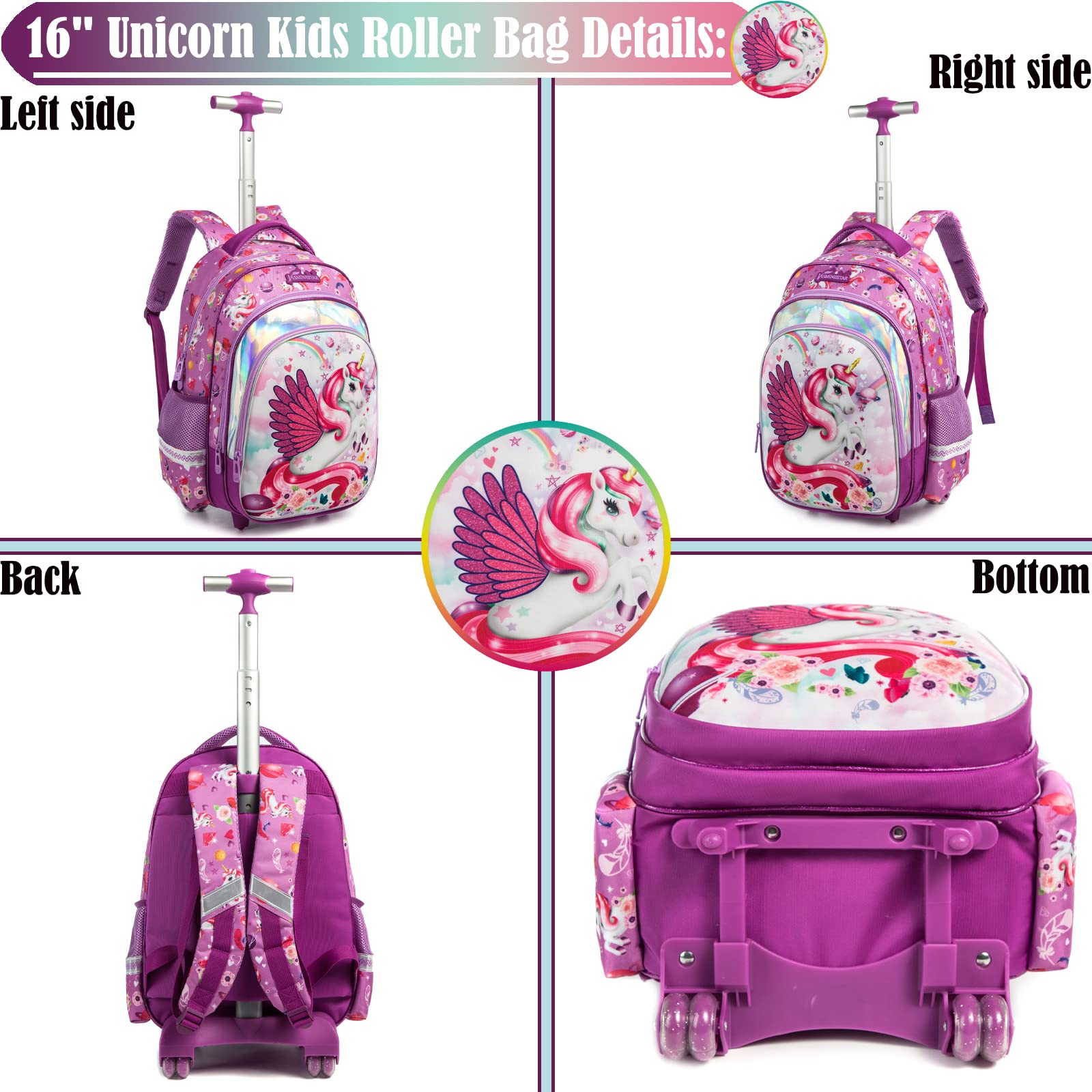 Egchescebo Kids Rolling Unicorn Backpack for Girls Kids Luggage Kids Suitcase With Wheels Trolley Wheeled Backpacks for Girls Travel Bags 17” 3PCS Backpack With Lunch Box Red School Bags Purple