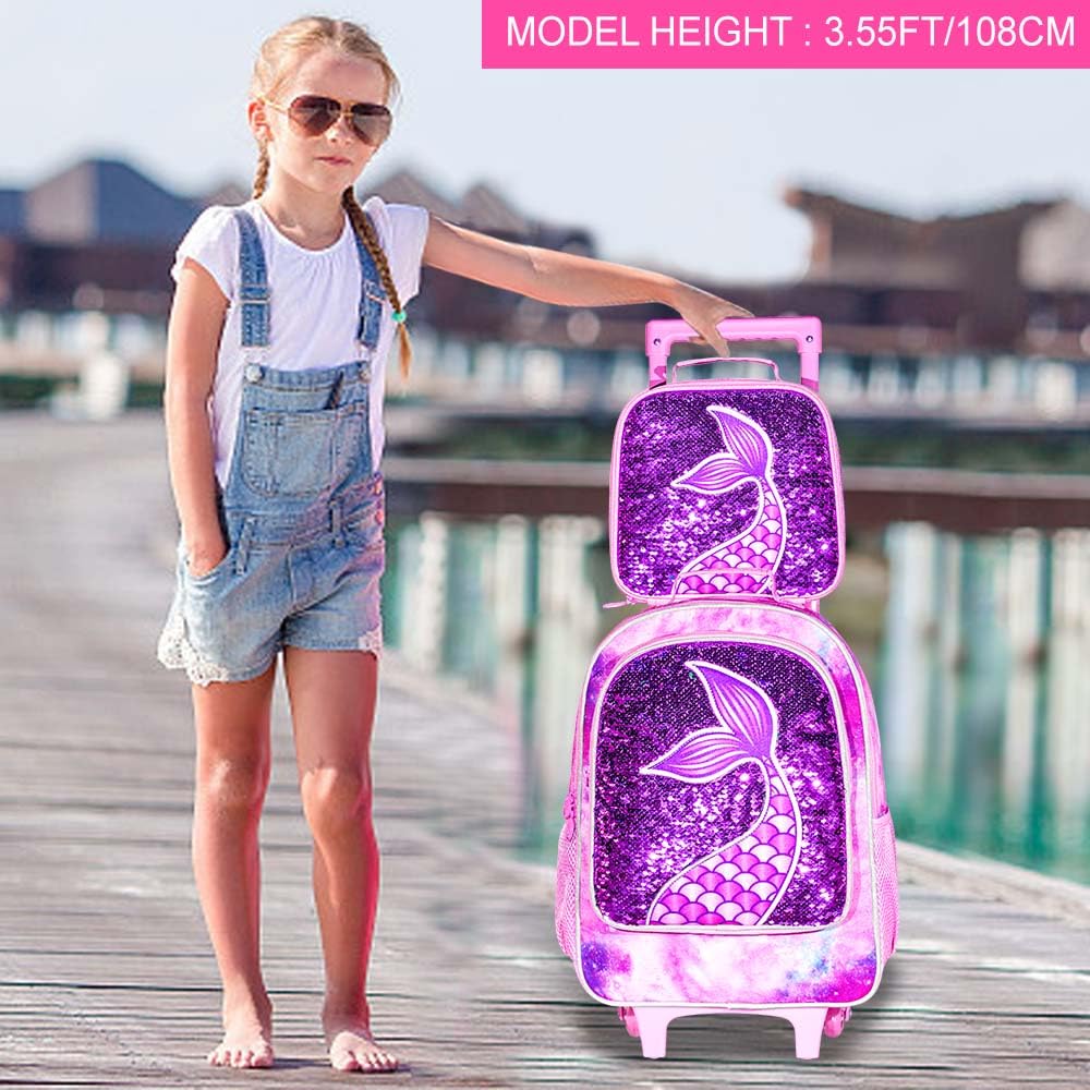 AGSDON 3PCS Rolling Backpack for Girls, Kids Roller Wheels Bookbag, Wheeled School Bag with Lunch Bag - Mermaid Pink