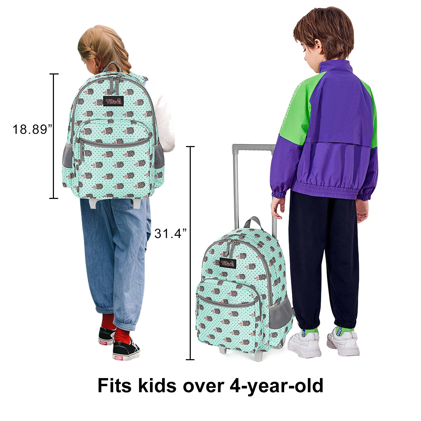 Tilami Rolling Backpack 18 inch Double Handle with Lunch Bag Wheeled Kids Backpack for Girls and Boys, Hedgehog Green