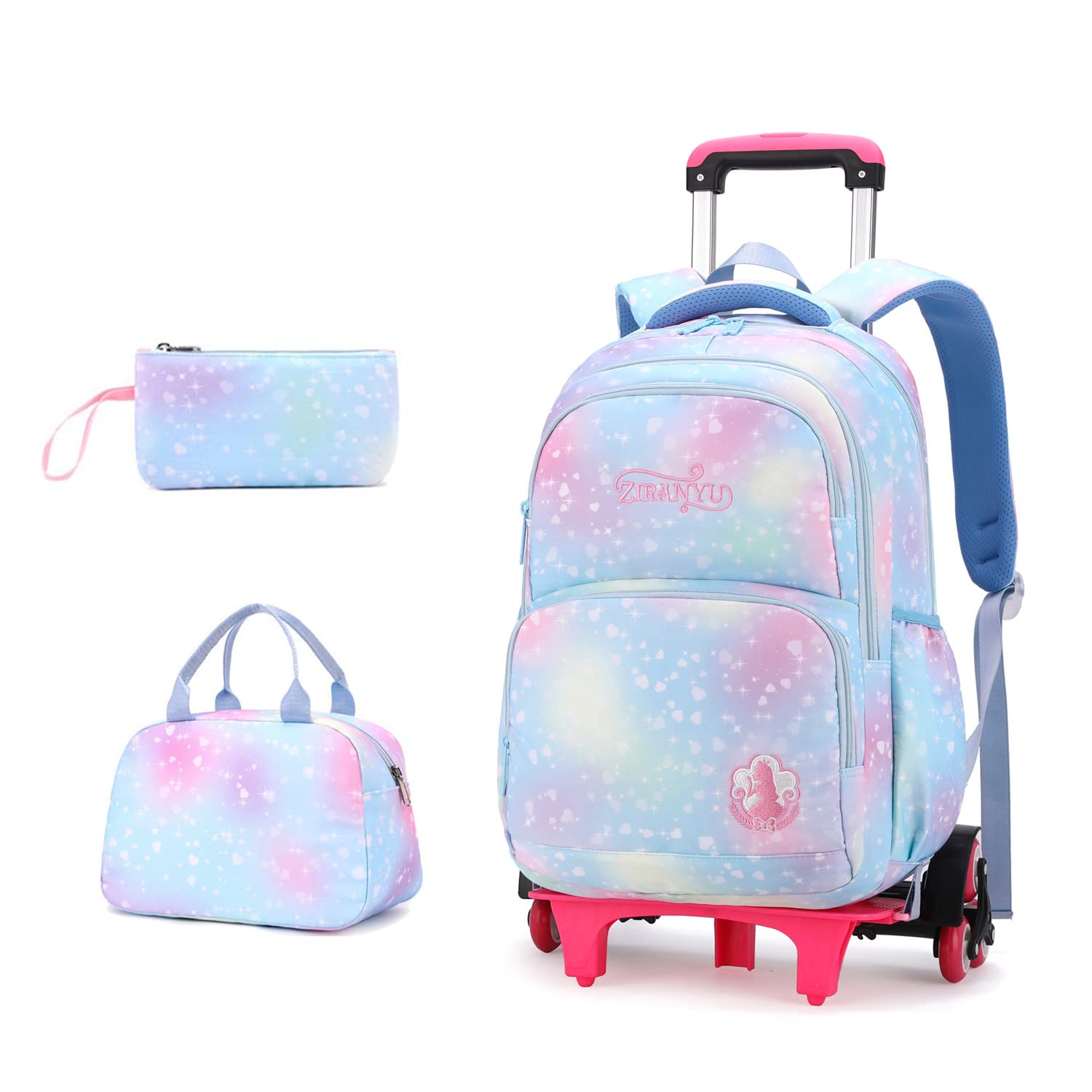 EKUIZAI 3PCS Colorful Heart Print Trolley Backpack Sets Elementary School Students Rolling Bookbag Cute Girls Backpack with Wheels