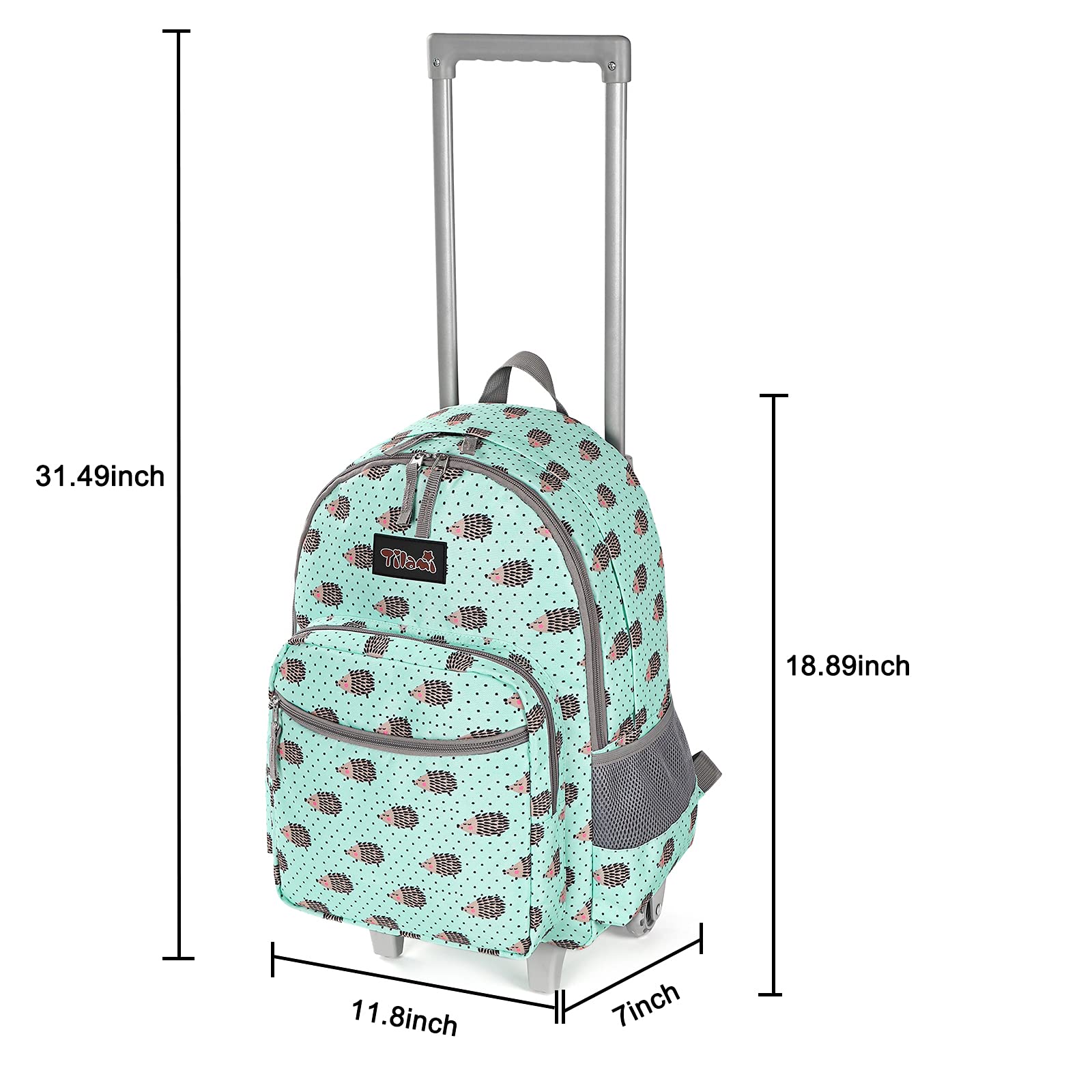 Tilami Rolling Backpack 18 inch Double Handle with Lunch Bag Wheeled Kids Backpack for Girls and Boys, Hedgehog Green