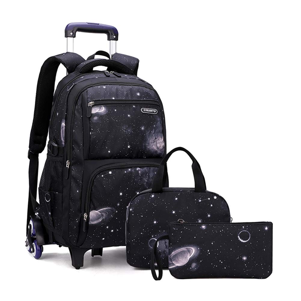 MITOWERMI Boys Rolling Backpacks Kids'Luggage Wheeled Backpack for School Boys Trolley Bags Space-Galaxy Roller Bookbag with Lunch Bag