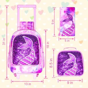 AGSDON 3PCS Rolling Backpack for Girls, Kids Roller Wheels Bookbag, Wheeled School Bag with Lunch Bag - Mermaid Pink