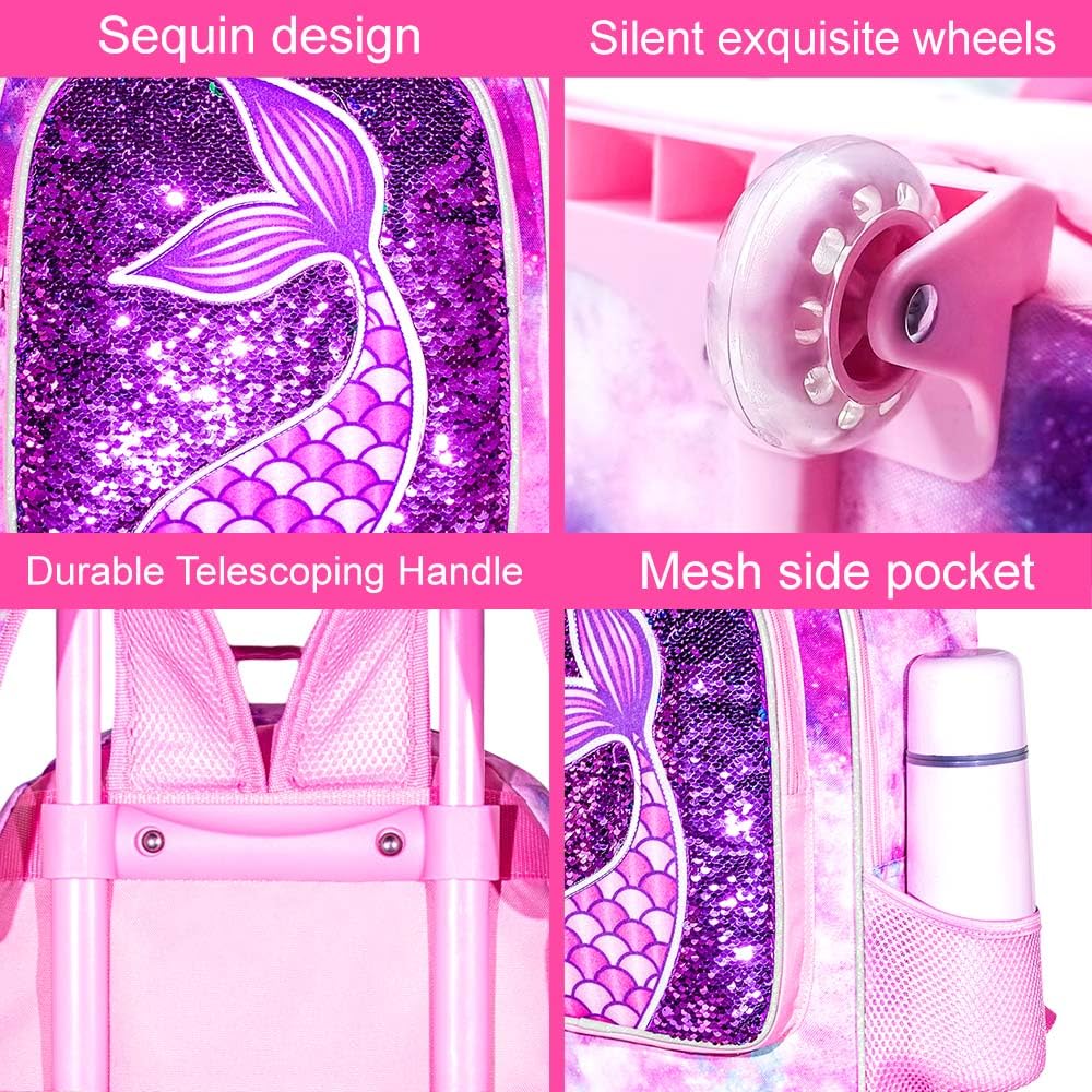 AGSDON 3PCS Rolling Backpack for Girls, Kids Roller Wheels Bookbag, Wheeled School Bag with Lunch Bag - Mermaid Pink