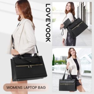 LOVEVOOK Laptop Bag for Women 15.6 Inch Laptop Tote Work Bag Professional Leather Computer Briefcase Waterproof Handbag Shoulder Bag Large Capacity Business Teacher Office Bag Crossbody Purse,Black