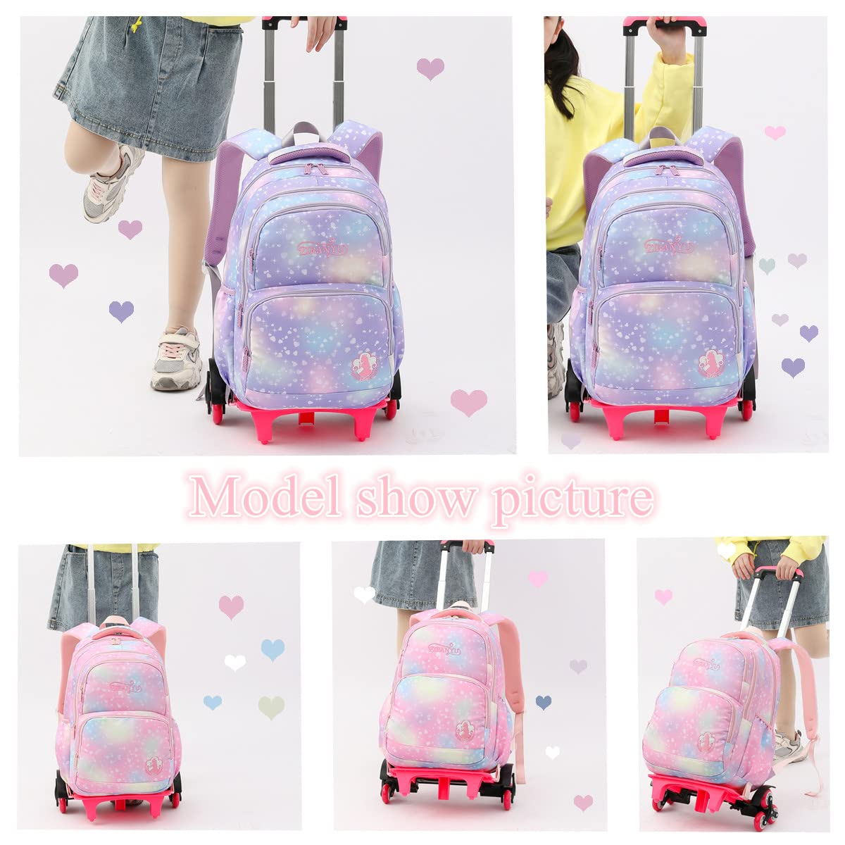 EKUIZAI 3PCS Colorful Heart Print Trolley Backpack Sets Elementary School Students Rolling Bookbag Cute Girls Backpack with Wheels