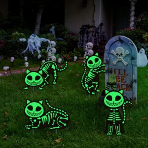 auuabearonn halloween decorations outdoor, 4pcs black cat deco yard signs with stakes, scary glow in the dark skeleton black cat lawn signs, waterproof cat decor for halloween party lawn