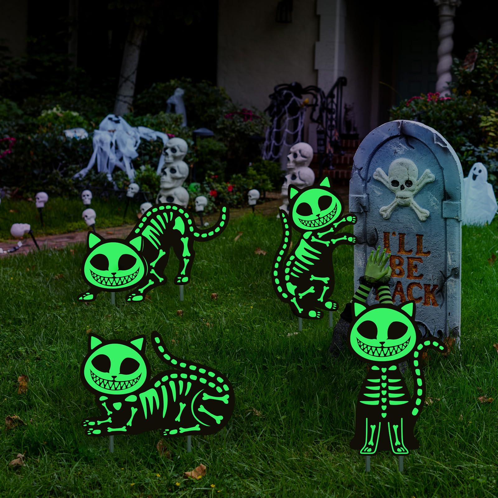 AUUABEARONN Halloween Decorations Outdoor, 4pcs Black Cat Deco Yard Signs with Stakes, Scary Glow in the Dark Skeleton Black Cat Lawn Signs, Waterproof Cat Decor for Halloween Party Lawn