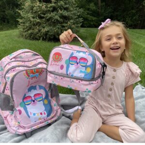 seastig Rolling Backpack 18in Double Handle Backpack Kids Wheeled Backpack Roller Backpack with Lunch Bag Set Girls Boys, Alpaca with Sunglasses