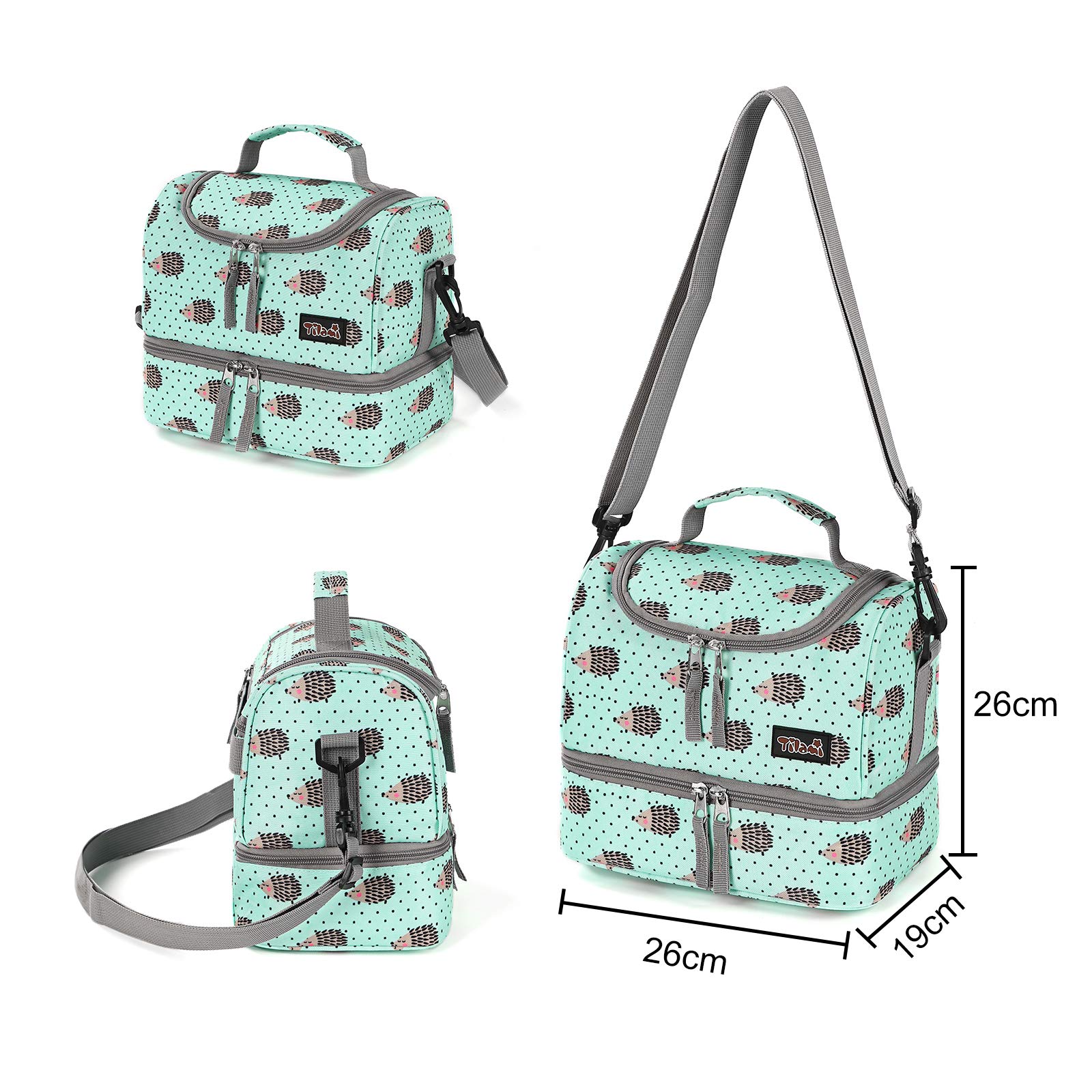 Tilami Rolling Backpack 18 inch Double Handle with Lunch Bag Wheeled Kids Backpack for Girls and Boys, Hedgehog Green