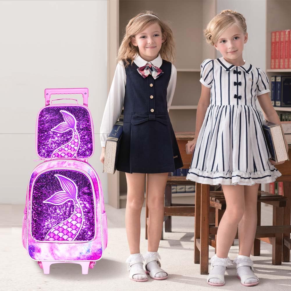AGSDON 3PCS Rolling Backpack for Girls, Kids Roller Wheels Bookbag, Wheeled School Bag with Lunch Bag - Mermaid Pink