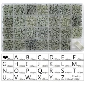 Amaney 1400 Pieces 4x7mm Round Acrylic with White Alphabet Letter Beads A-Z Heart Beads and Crystal Line for Jewelry Making Glow in The Dark