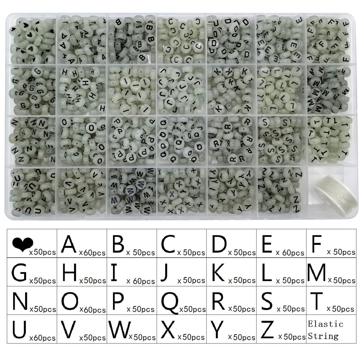 Amaney 1400 Pieces 4x7mm Round Acrylic with White Alphabet Letter Beads A-Z Heart Beads and Crystal Line for Jewelry Making Glow in The Dark