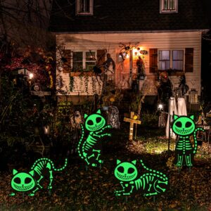 AUUABEARONN Halloween Decorations Outdoor, 4pcs Black Cat Deco Yard Signs with Stakes, Scary Glow in the Dark Skeleton Black Cat Lawn Signs, Waterproof Cat Decor for Halloween Party Lawn