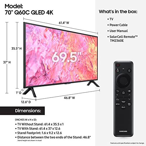 SAMSUNG 70-Inch Class QLED 4K Q60C Series Quantum HDR, Dual LED, Object Tracking Sound Lite, Q-Symphony, Motion Xcelerator, Gaming Hub, Smart TV with Alexa Built-in (QN70Q60C, 2023 Model)