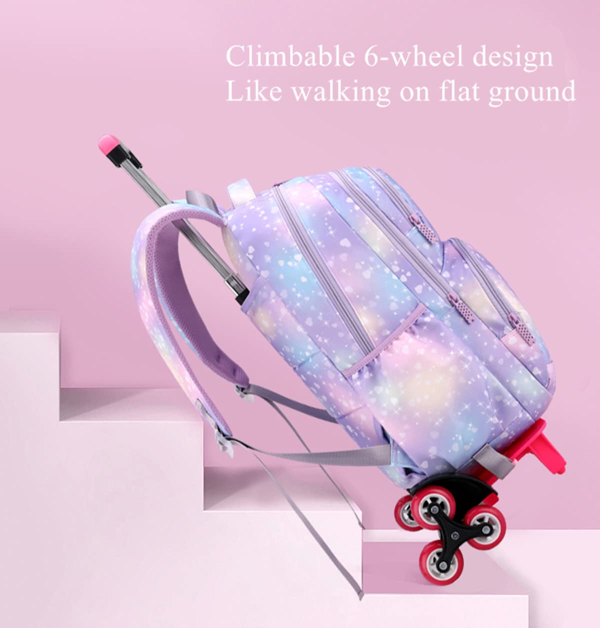 EKUIZAI 3PCS Colorful Heart Print Trolley Backpack Sets Elementary School Students Rolling Bookbag Cute Girls Backpack with Wheels