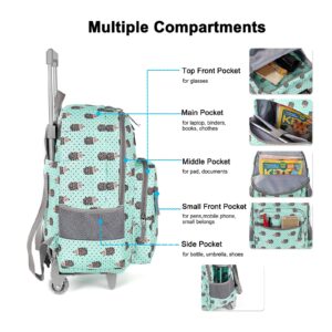 Tilami Rolling Backpack 18 inch Double Handle with Lunch Bag Wheeled Kids Backpack for Girls and Boys, Hedgehog Green