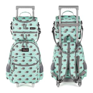 Tilami Rolling Backpack 18 inch Double Handle with Lunch Bag Wheeled Kids Backpack for Girls and Boys, Hedgehog Green