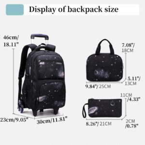 MITOWERMI Boys Rolling Backpacks Kids'Luggage Wheeled Backpack for School Boys Trolley Bags Space-Galaxy Roller Bookbag with Lunch Bag