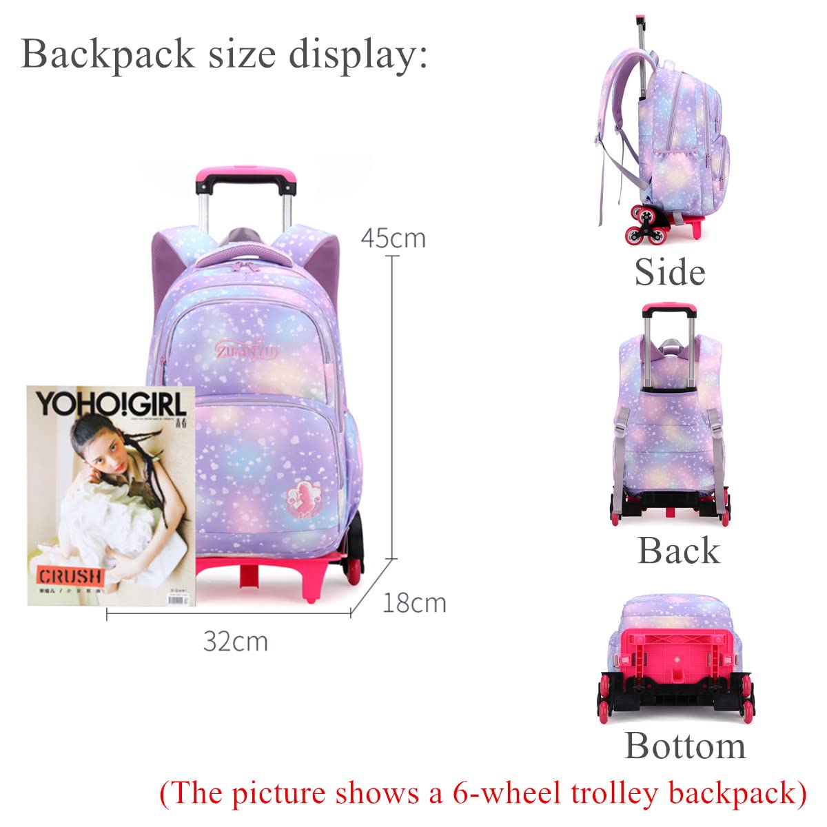 EKUIZAI 3PCS Colorful Heart Print Trolley Backpack Sets Elementary School Students Rolling Bookbag Cute Girls Backpack with Wheels