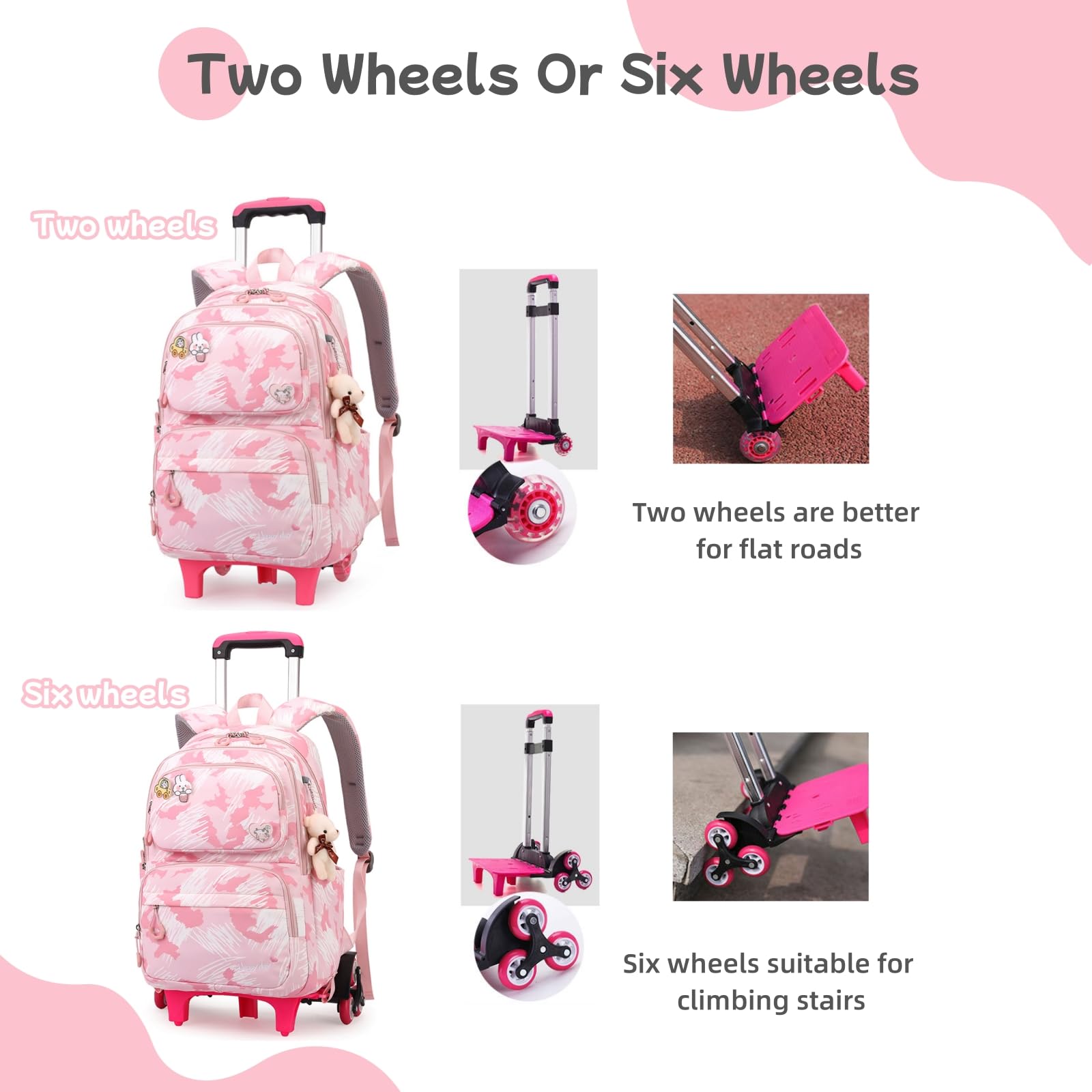 Rolling Backpack for Girls Elementary School Students with Wheels Bookbags Kids trolley Tie Rod Schoolbag Teens Travel Bag
