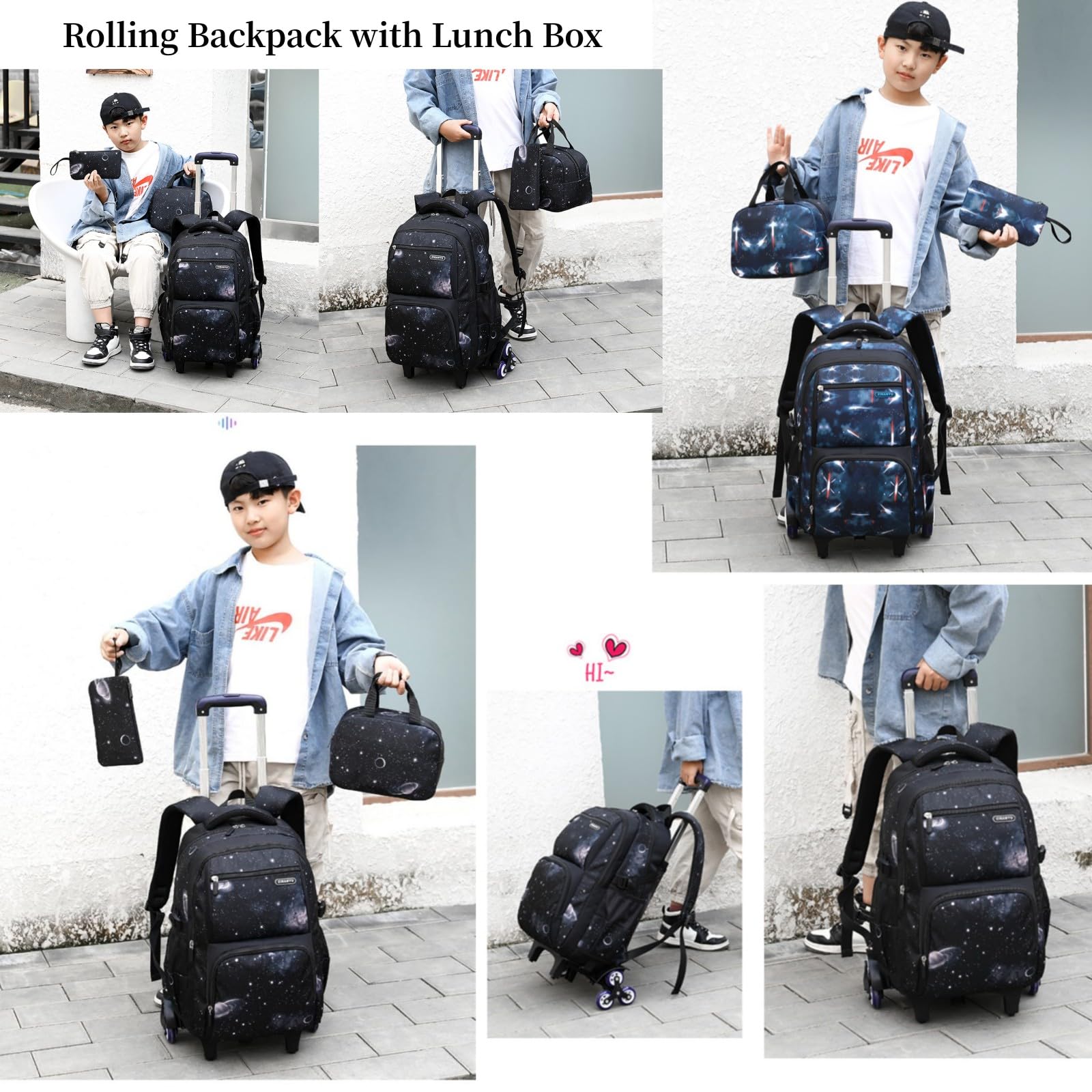 MITOWERMI Boys Rolling Backpacks Kids'Luggage Wheeled Backpack for School Boys Trolley Bags Space-Galaxy Roller Bookbag with Lunch Bag