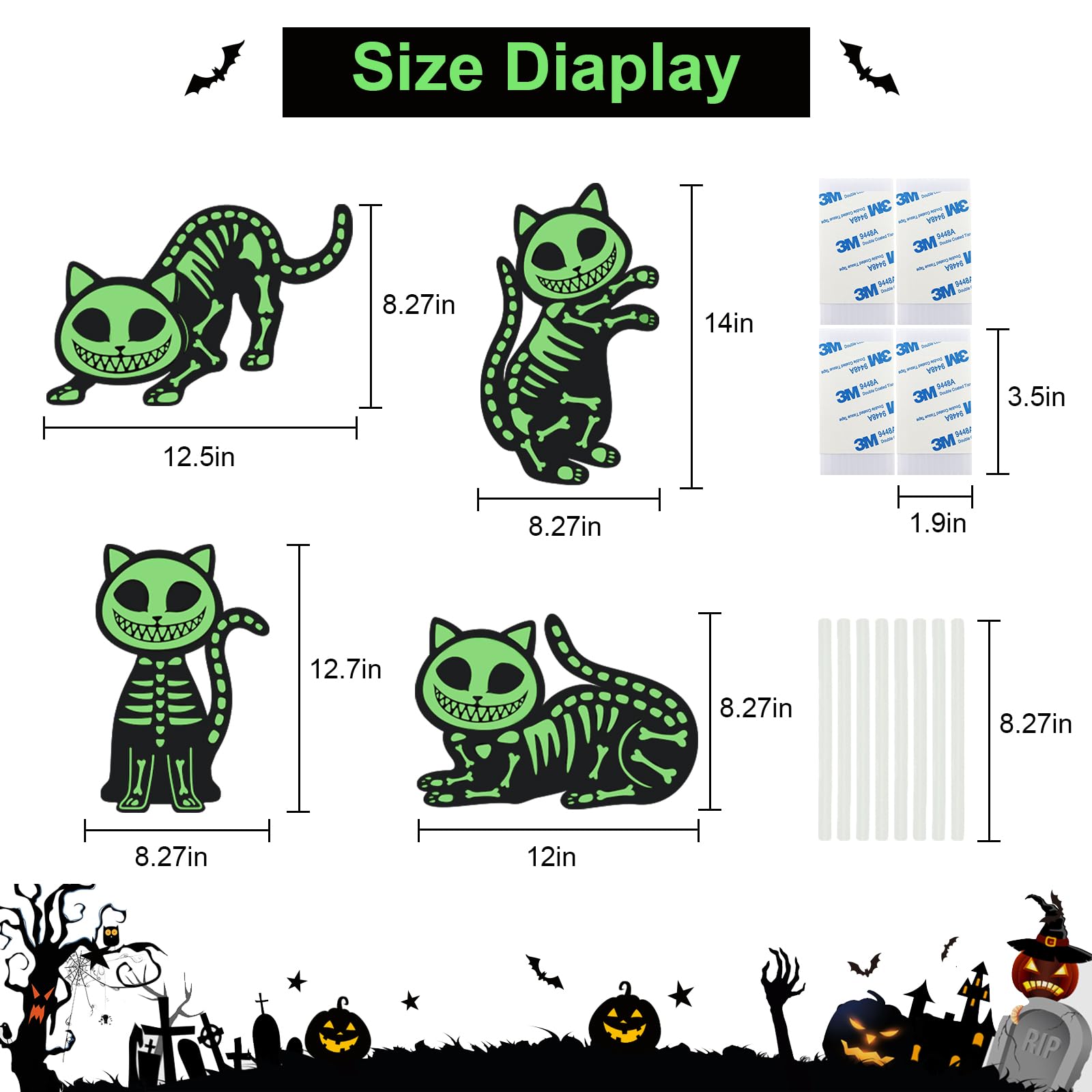AUUABEARONN Halloween Decorations Outdoor, 4pcs Black Cat Deco Yard Signs with Stakes, Scary Glow in the Dark Skeleton Black Cat Lawn Signs, Waterproof Cat Decor for Halloween Party Lawn