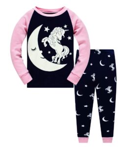 girls unicorn pajamas glow in the dark two piece long sleeve cotton pjs toddler girl unicorn shirt kids sleepwear 6t/6206