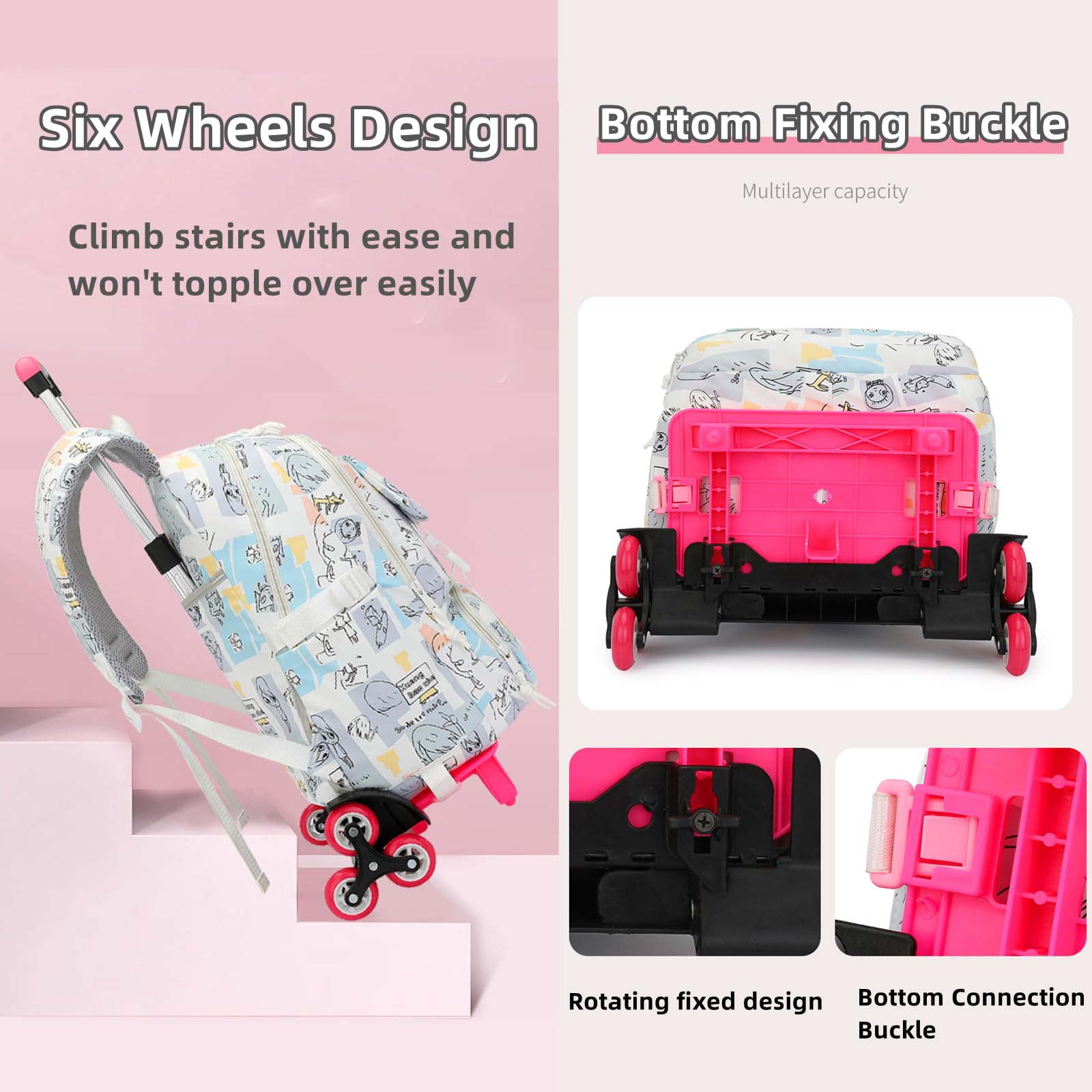 Mildame Rolling Backpack for Girls Boys, Kids Roller Wheels Bookbag for Elementary School Trolley Wheeled Luggage for Teens Travel