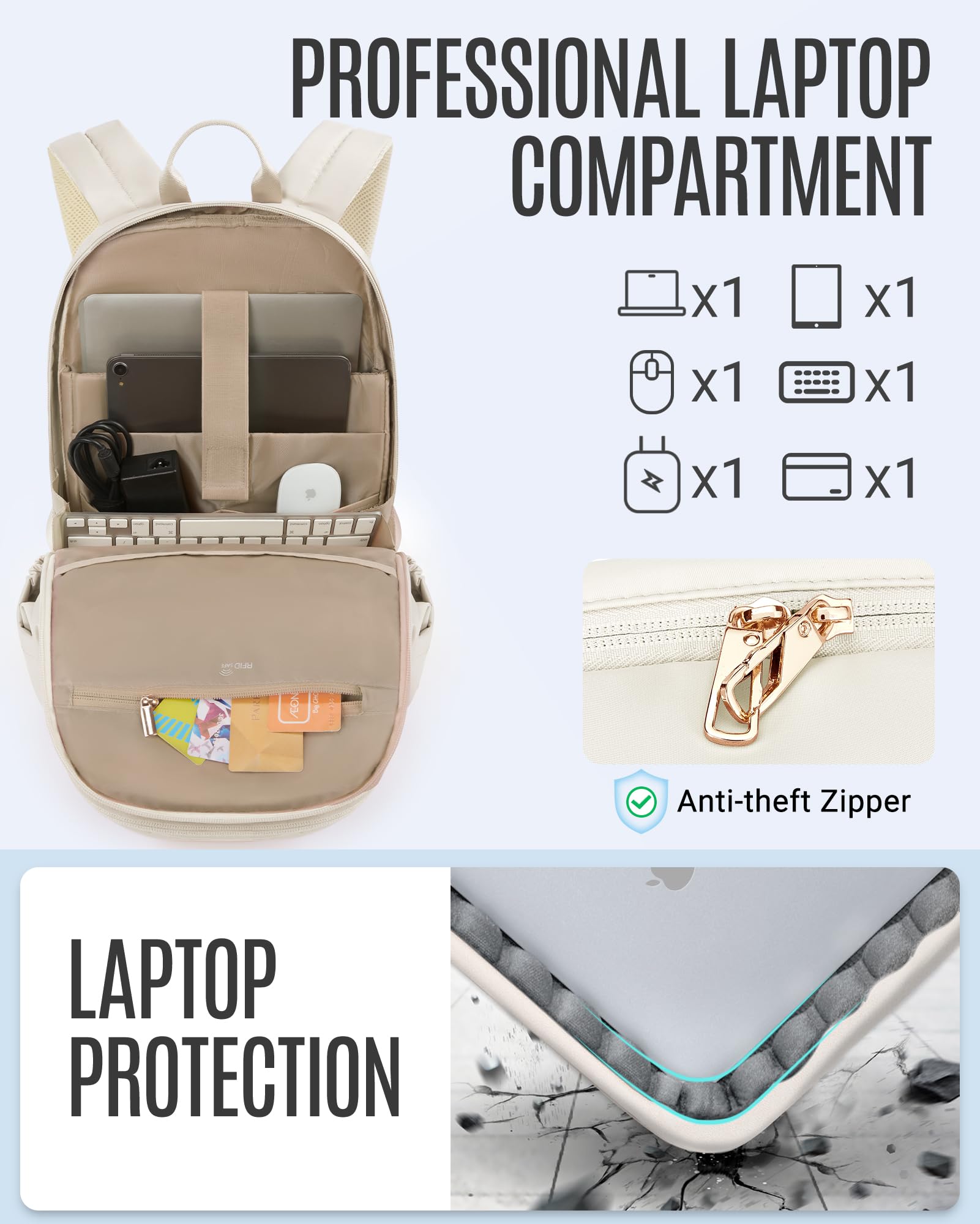 LIGHT FLIGHT Travel Laptop Backpack for Women, 15.6 Inch Anti Theft Backpack with USB Charging Hole, Water Resistant College Bookbag, Large Capacity Black Computer Backpacks for Work, Beige