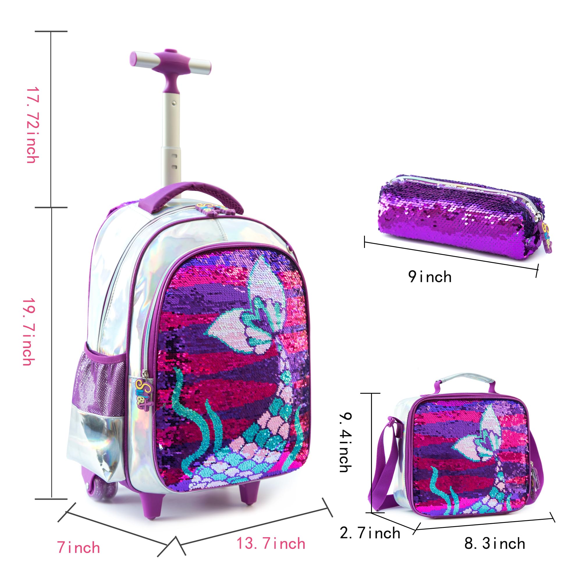 MOHCO Rolling Backpack 18 inch for Kids Wheeled Backpack for Girls with Lunch Bag Pencil Case