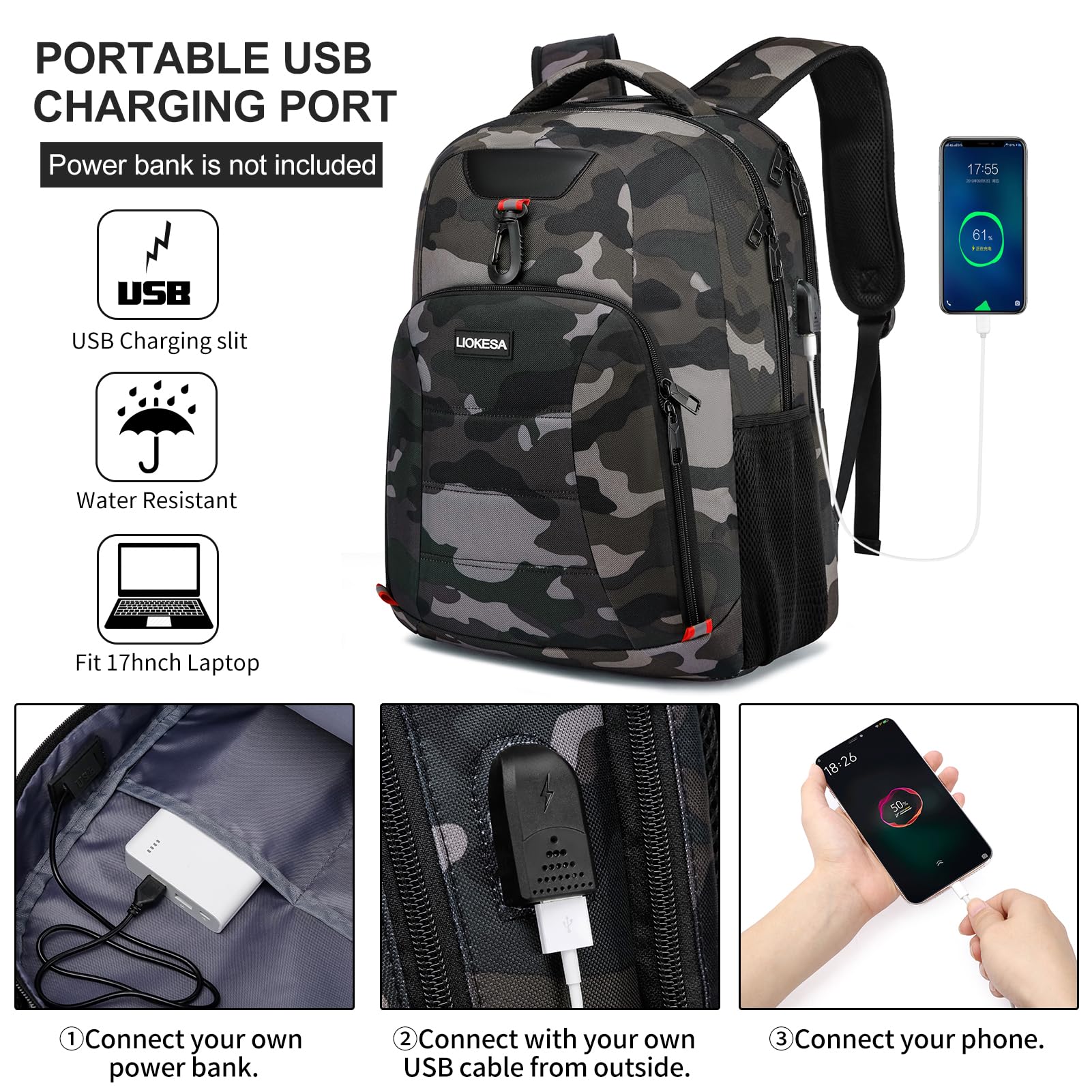 Laptop Backpack, School Backpack for Teen Boys, 15.6 Inch Travel Backpack Large Water Resistant High School College Bookbag for Men Women with USB Charging Port, Camo